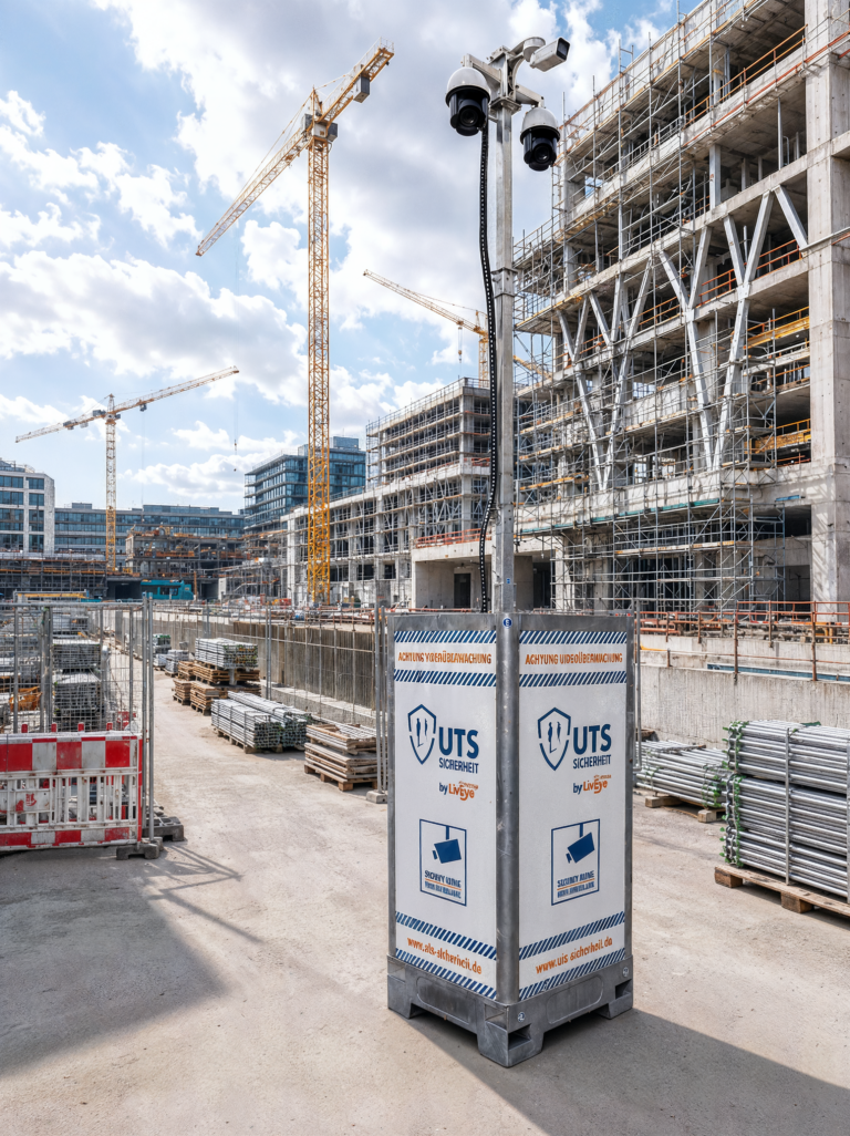Kameraturm zur Videoüberwachung der Baustelle — das Bild zeigt allerdings einen UTS-Sicherheit/LivEye-Turm; alternativ: Mobiler UTS Kameraturm zur Baustellenüberwachung auf einer Großbaustelle