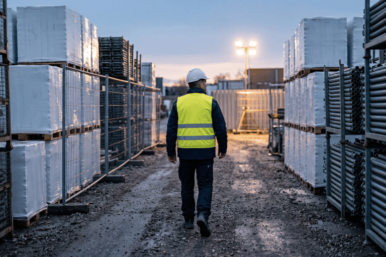 Sicherheitsmitarbeiter bewacht das beleuchtete Materiallager der Baustelle am Abend