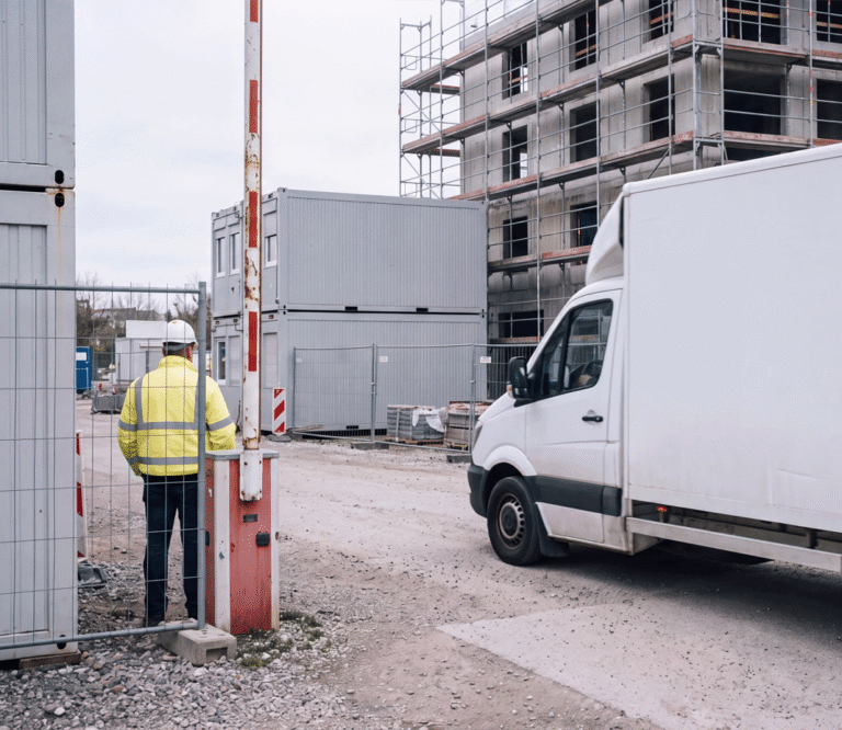 Kameraturm zur Videoüberwachung der Baustelle — das Bild zeigt allerdings einen UTS-Sicherheit/LivEye-Turm; alternativ: Mobiler UTS Kameraturm zur Baustellenüberwachung auf einer Großbaustelle