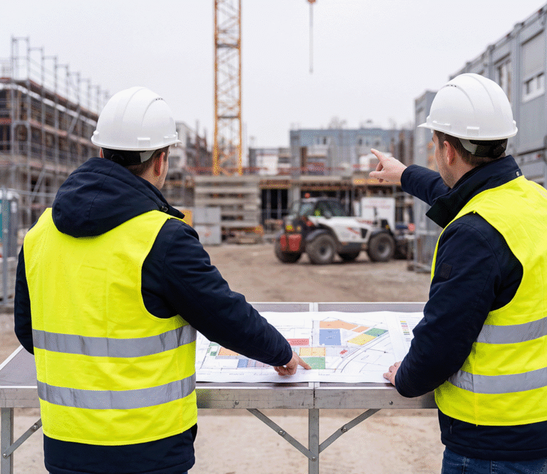 Eingerichtete Baustelle mit Containeranlage, Bauzaun und Kran vor dem Rohbau