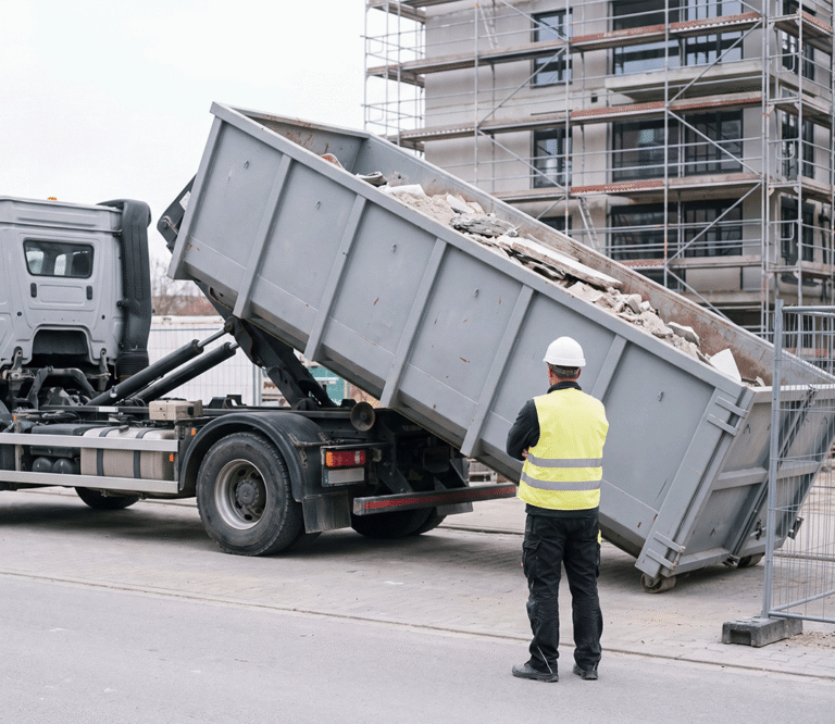 Abrollcontainer mit Bauschutt wird per LKW von der Baustelle abtransportiert