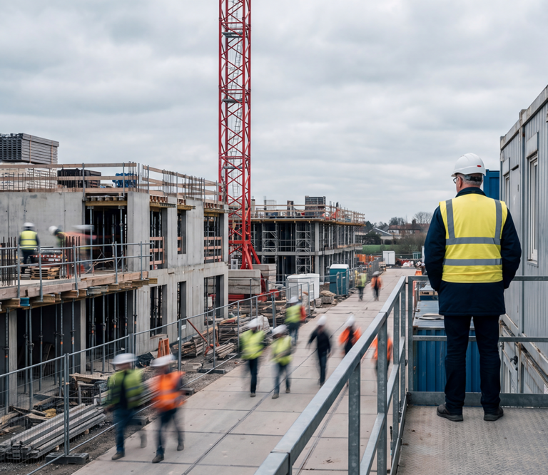 UTS Bauleiter überblickt eine Großbaustelle mit Kran – Karriere bei UTS Baulogistik