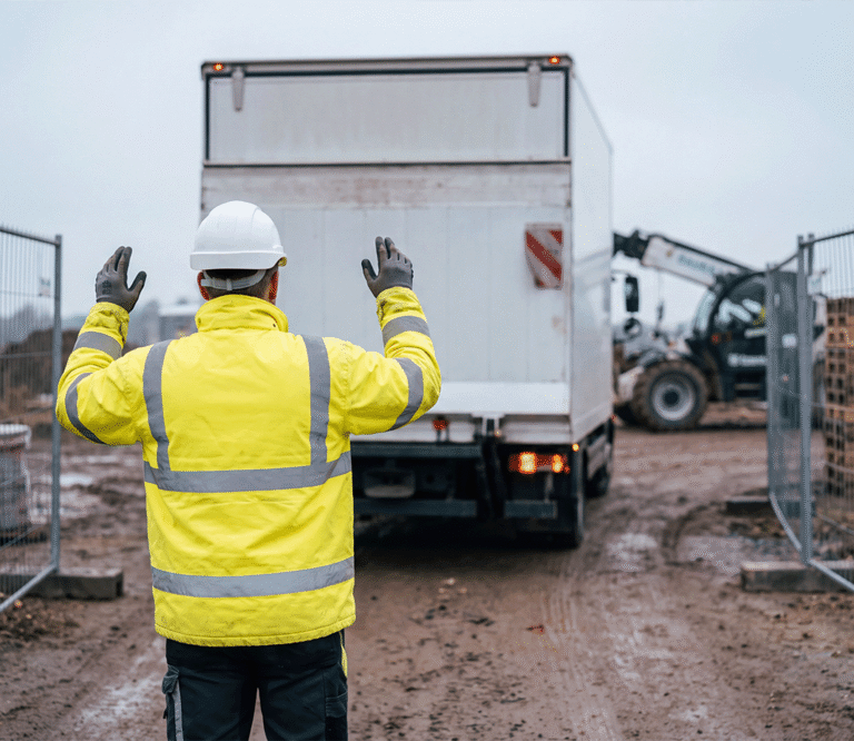 Einweiser lotst LKW rückwärts auf die Baustelle – koordinierte Lieferlogistik