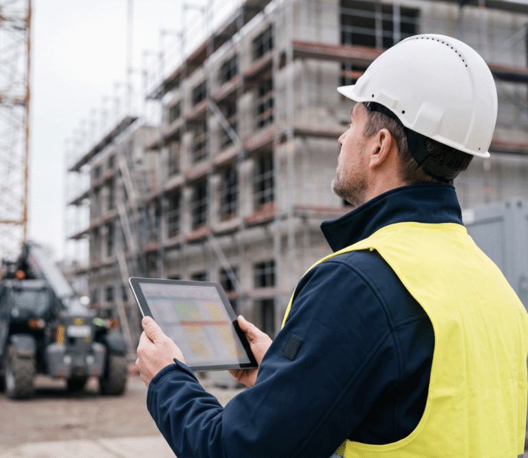 Bauleiter mit Tablet prüft die Logistikplanung auf der Baustelle