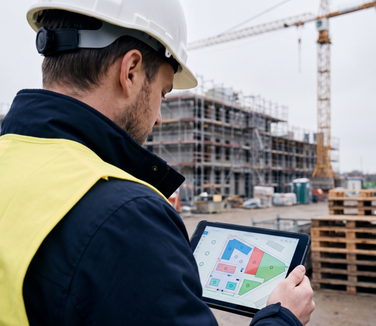 UTS Mitarbeiter mit Tablet und Baustellenplan vor dem Rohbau mit Kran