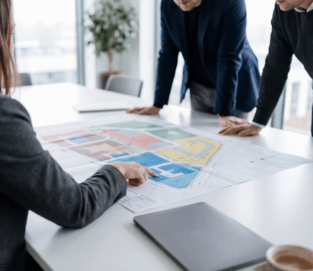 Projektbesprechung – Team plant Baulogistik anhand eines Lageplans im Büro