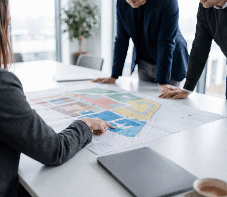 Projektbesprechung – Team plant Baulogistik anhand eines Lageplans im Büro