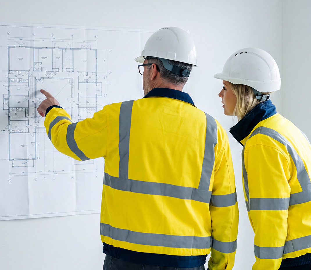 Zwei UTS Baulogistik Mitarbeiter mit Helm und Warnjacke besprechen einen Bauplan
