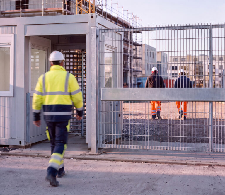 Kontrollierte Baustellenzufahrt – LKW wartet an der Schranke zur Baustelle