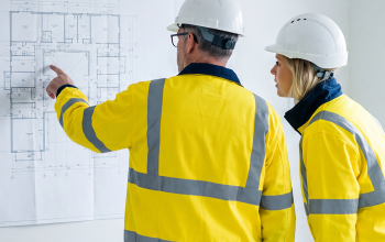 Zwei UTS Baulogistik Mitarbeiter mit Helm und Warnjacke besprechen einen Bauplan