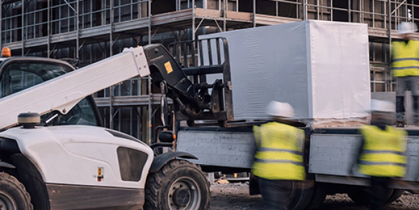 Lieferlogistik auf der Baustelle – Teleskoplader entlädt Baumaterial vor dem Gerüst