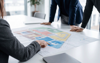 Projektbesprechung – Team plant Baulogistik anhand eines Lageplans im Büro